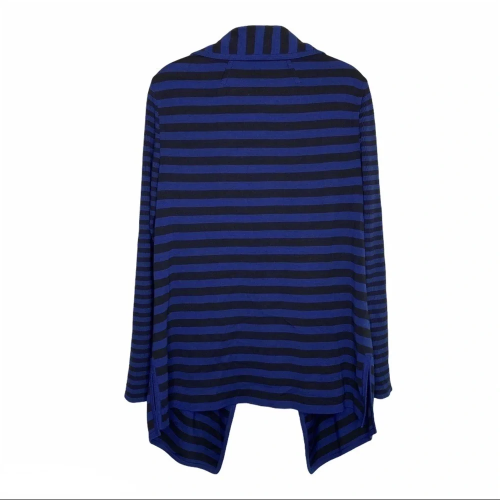 St. John blue black striped wool blend waterfall cardigan